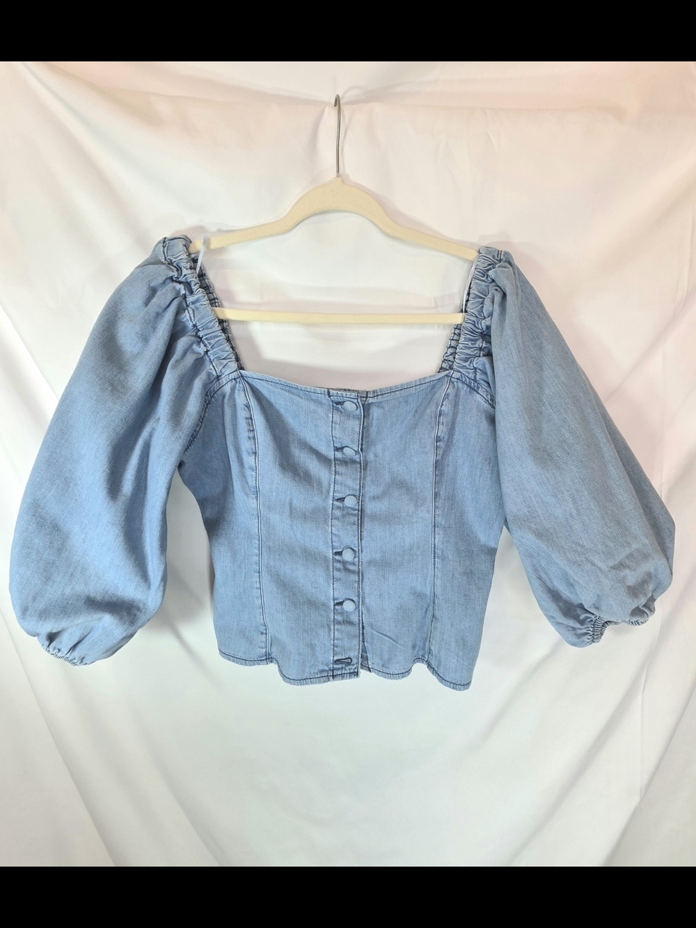H&M Denim Puff Sleeve Cottagecore Peplum Fairy Girlhoodcore Cropped Blouse Sz M